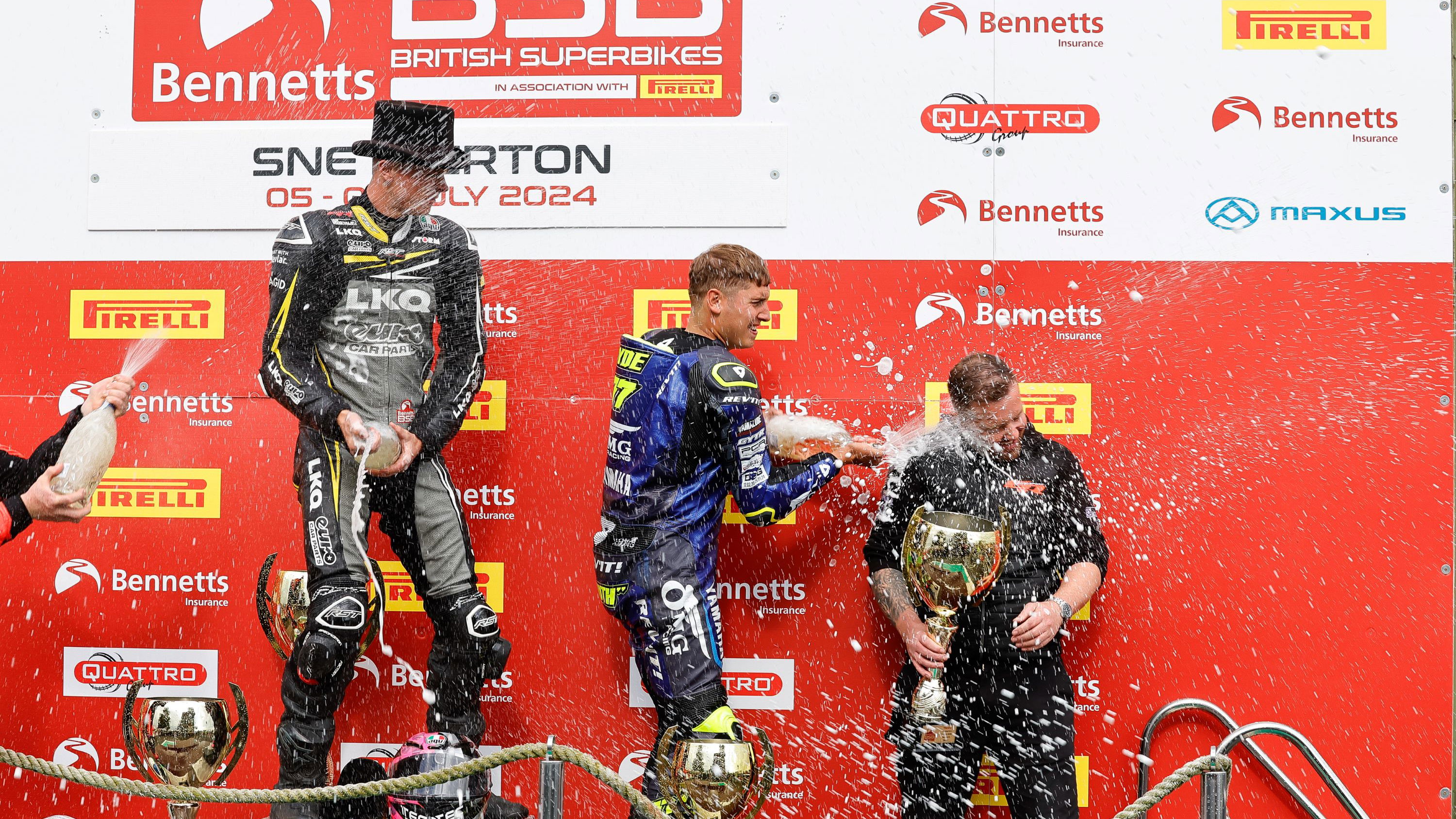 Kyle Ryde, Storm Stacey and Lewis Rollo, Race one podium, Snetterton, BSB, 2024, 6 July 